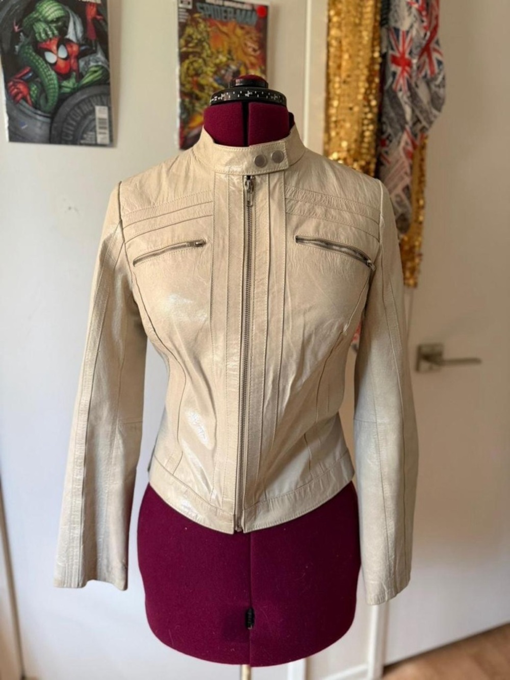 Arden B Cream Leather Moto Jacket with Zip Pockets